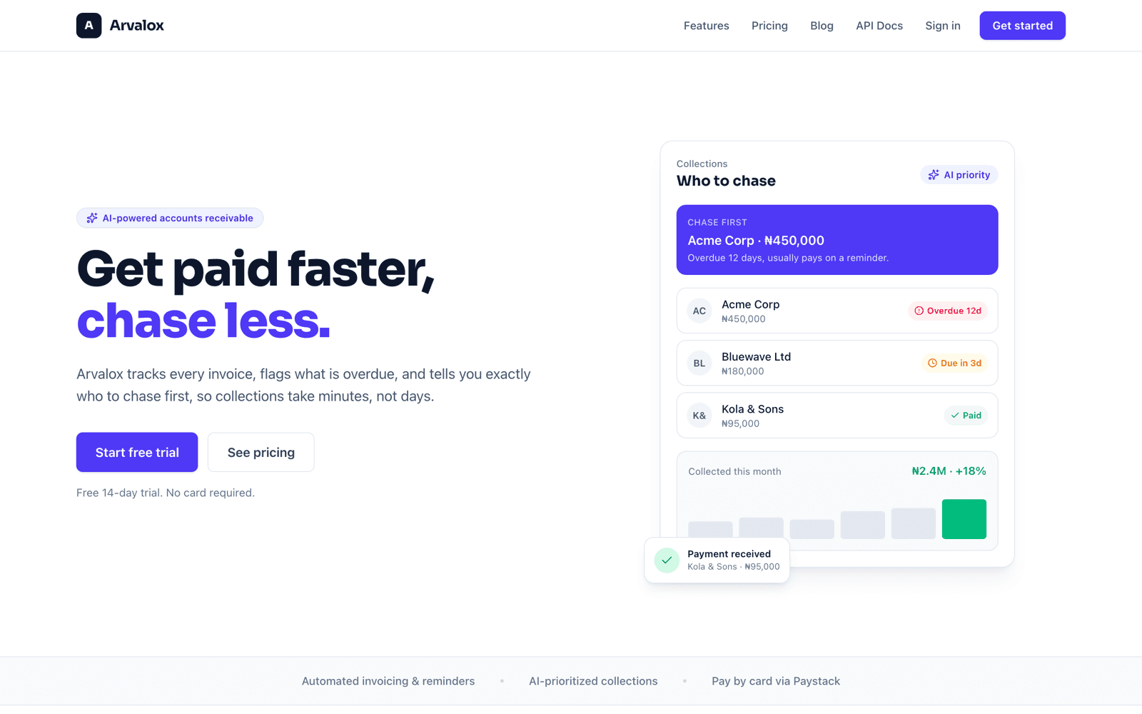 The Arvalox landing page